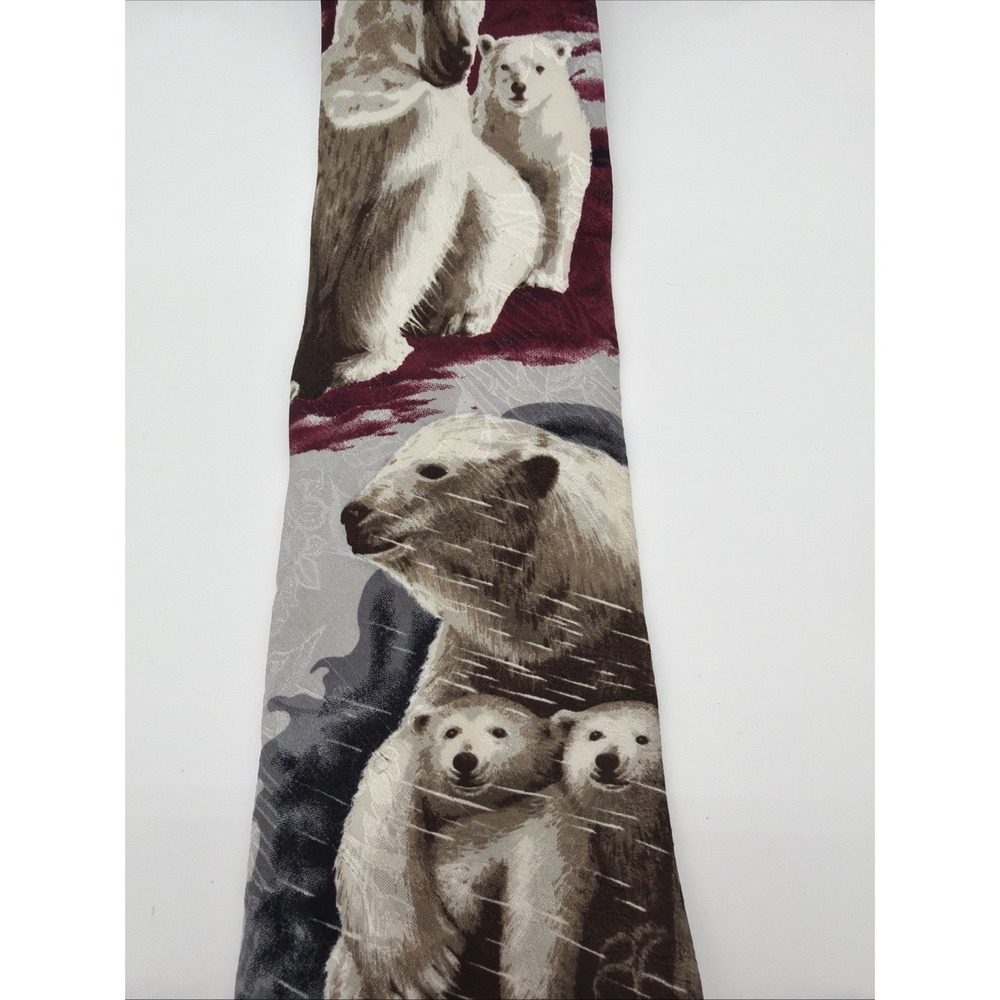 Endangered Species Men's Neck Tie Artic Polar Bears, Gry/White/Mrn 100% Silk USA - Picture 2 of 4